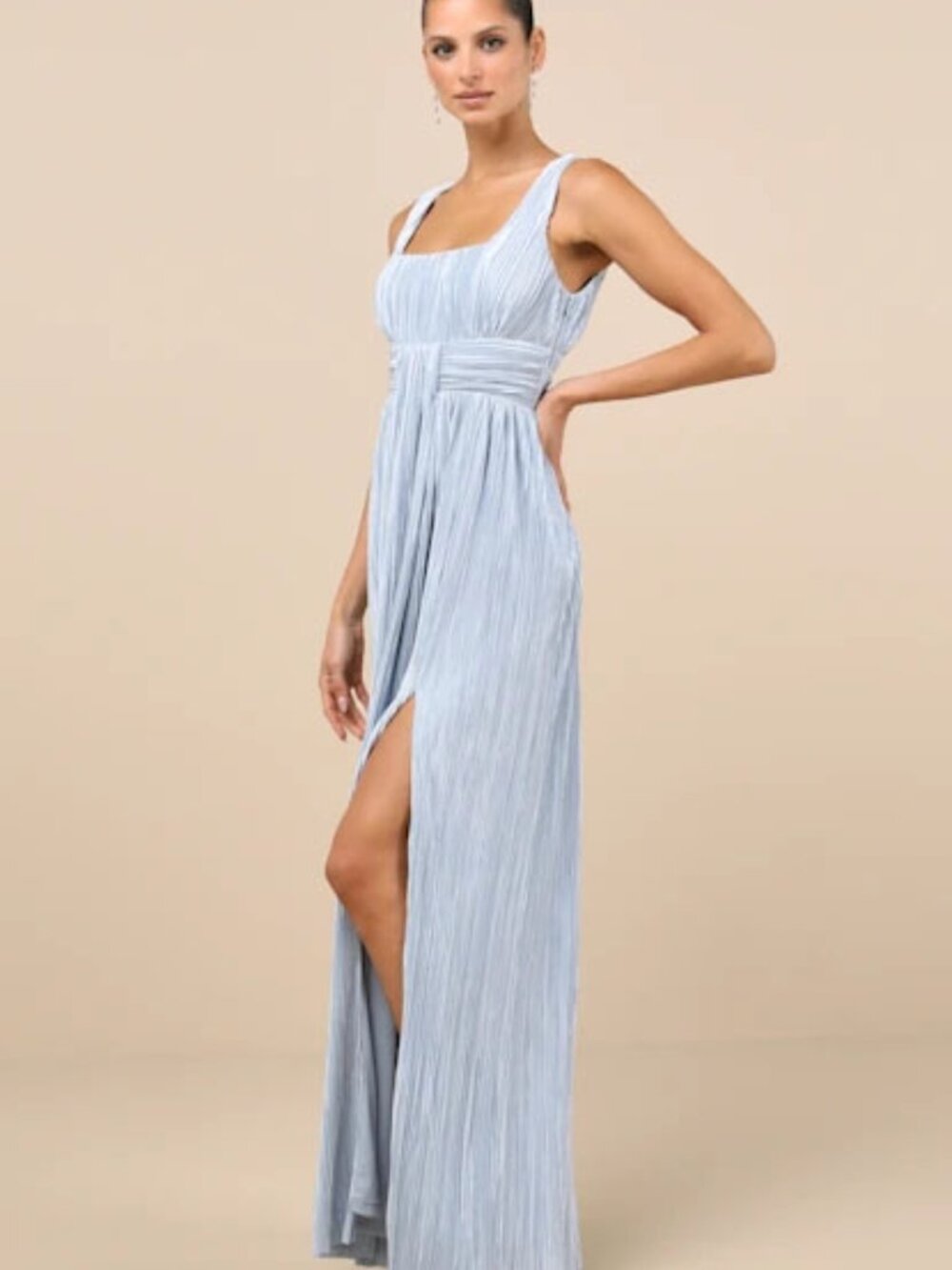 NWT Ameena Light Blue Plisse Square Neck Sash Maxi Dress